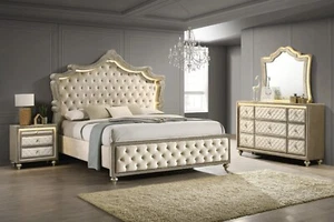 NEW LED Beige Cream Queen King 4PC Velvet Bedroom Set Modern Furniture Bed/D/M/N - Picture 1 of 17