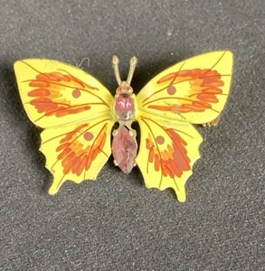 Broche mariposa figurativo diamantes de imitación esmalte dorado checoslovaco vintage C21f - Imagen 1 de 9