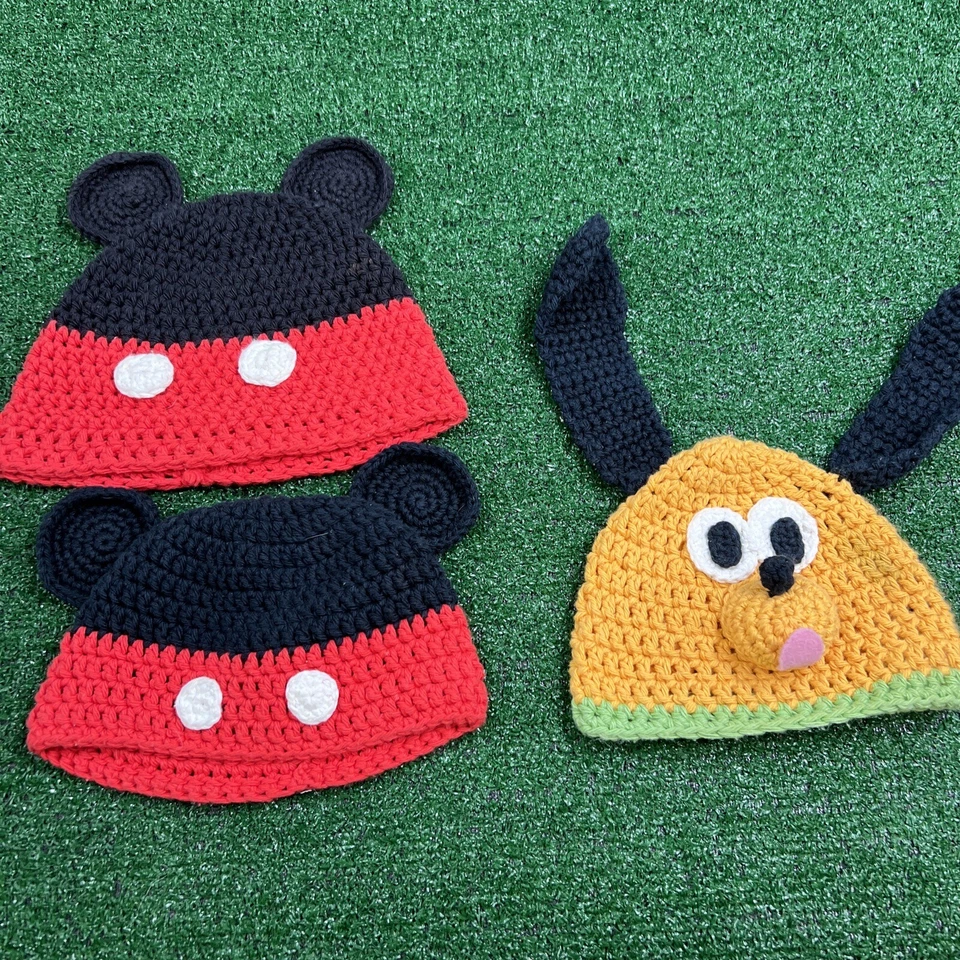 Mickey Mouse & Pluto Handmade Crochet Beanie Hats Lot of 3 Each Size Different - Image 1 of 4