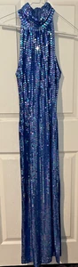 VTG Robert Anthony Iridescent Blue Sequin Open Back Halter Slit Maxi Dress Sz 4 - Picture 1 of 17