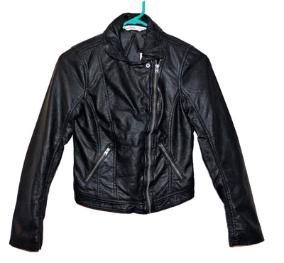 NWT ABERCROMBIE KIDS Girls L{14} BLACK FULL ZIP FAUX LEATHER BIKER JACKET - Image 1 of 4