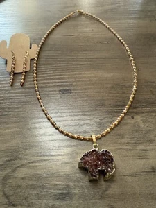 19” Handmade Bead Necklace Earrings Set Druzy Brown Bear Pendant Beaded New NWOT - Picture 1 of 5
