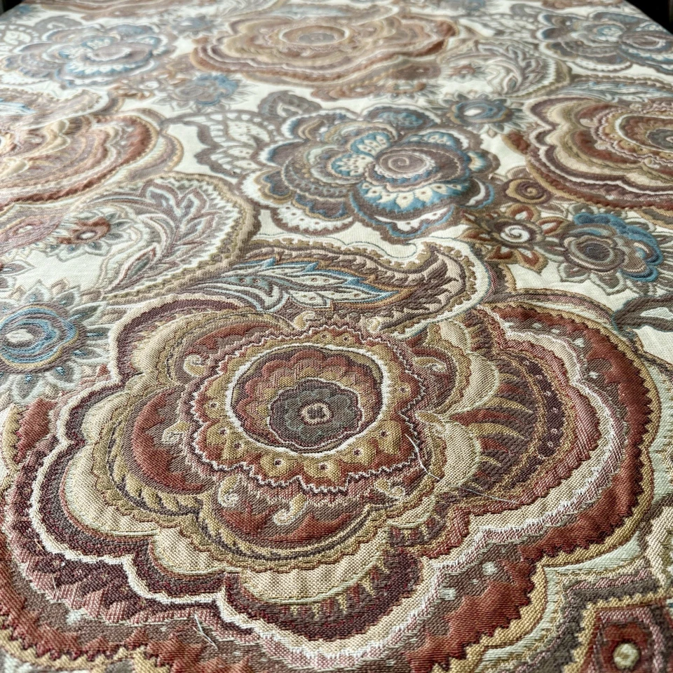 Vtg Jacquard Tapestry Upholstery Fabric Jacobean Floral Teal & Earth-tones 2 Yds - Image 1 of 4