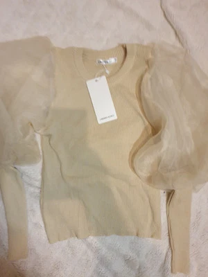 Cream Knit Jumper With Voile Puff Sleeves, Size 8 To Q0, New - Image 1 of 3