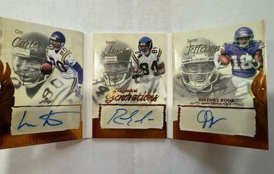 2025 Leaf History Book Justin Jefferson Randy Moss Cris Carter AUTO Booklet SSP - Image 1 of 4