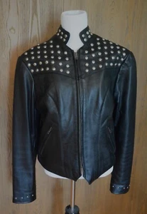 Black Womens Studded Leather Motorcycle Jacket Size 10 Medium - Picture 1 of 5