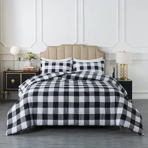 Buffalo Plaid Comforter Set King, Black White Grid Plaid Comforter Bedding Se... - Picture 1 of 8