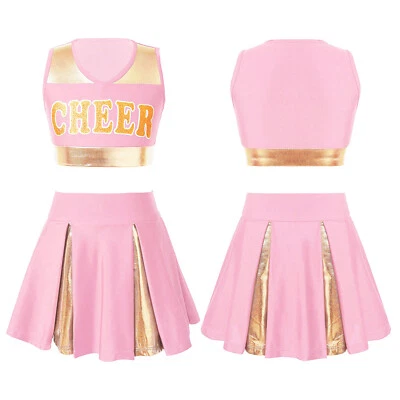 Kids Girls 2 Piece Cheerleading Uniform V Neckline Letter Print School Costume - Image 1 of 3