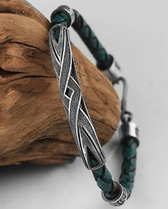 men's 925 Sterling Silver Pencil Crafted bracelet, Real Leather Knitted Bracelet - Picture 1 of 4