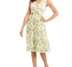 NWT Alex Marie Womens 16 White Green Floral Pleated Midi Spring Dress MSRP $149 - Picture 1 of 18