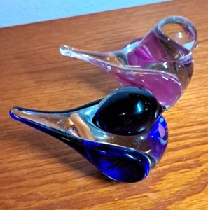 Zellique Studio Art Glass TWO Blue Pink Birds W/ Heart Vtg 1988 4" Joseph Morel? - Picture 1 of 7