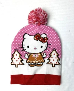 Hello Kitty Hat Gingerbread Pom Beanie Sanrio Holiday Christmas Pink Kawaii NEW - Picture 1 of 6