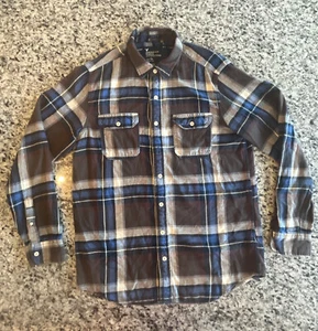 American Eagle Flannel Button Shirt Men Large Brown Blue Red Plaid Athletic Fit - Picture 1 of 9