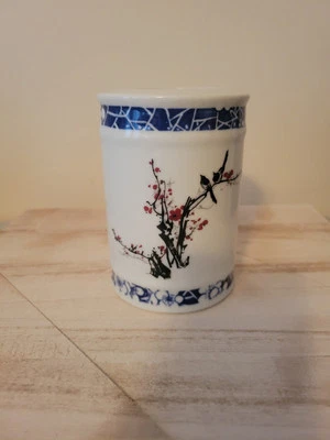 Antique Chinese Porcelain Handpainted Plum Blossom Pattern Brush Pot - Image 1 of 4