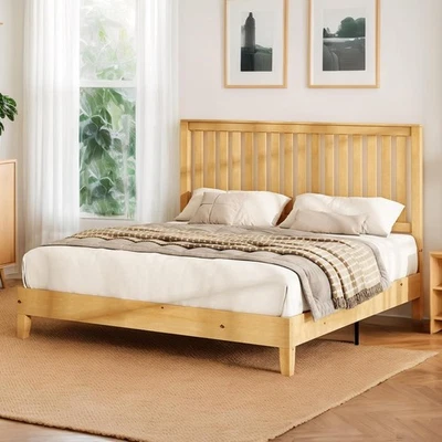 大号实木床架带床头板中世纪现代平台床 — 第 1/4 张图片