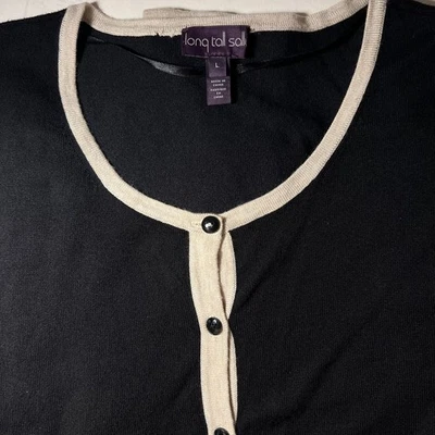 Длинный высокий Sally женщин свитер кардиган L черный слоновой кости тонкий вязаный - Изображение 1 из 4