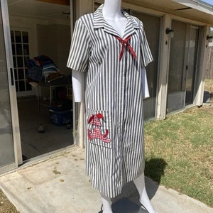 60s 70s funky cat one-eyed bunny hippy navy & white striped midi dress size L/XL - Picture 1 of 15