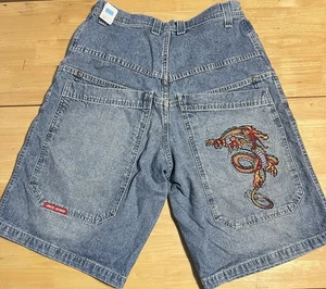 Vintage Y2K JNCO Dragon Blue Faded Baggy Jean Shorts Size 34 Double Pocket 🔥 - Picture 1 of 11