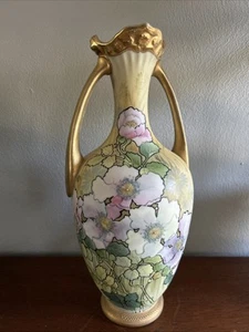 Nippon Hand Painted Pink White Floral Two Handle Vase Gold Encrusted VTG - Picture 1 of 15