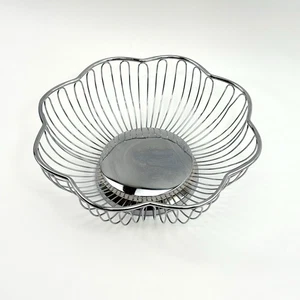 VTG Drahtkorb verchromt Ø25 cm | Metall Blütendesign | Retro Obstkorb Deko Küche - Picture 1 of 9