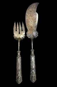 RARO JUEGO DE TENEDOR Y CUCHILLO PARA SERVIR GRANDE "RENACIMIENTO" CAÑA Y BARTON PLATEADO - Imagen 1 de 9