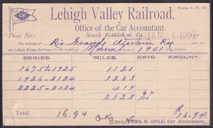Lehigh Valley RR postal card 1/4 1902 Thos O Cole, Accountant - Picture 1 of 1