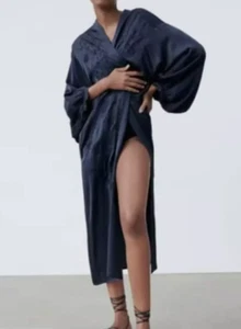 ZARA Embroidered Kimono Navy Satin Finish LIMITED EDITION Dress Rare💕size M-L - Picture 1 of 7