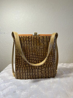 Classy Faux tan Alligator Handbag w/ Gold tone & Sunny Orange Bakelite Accents - Image 1 of 4