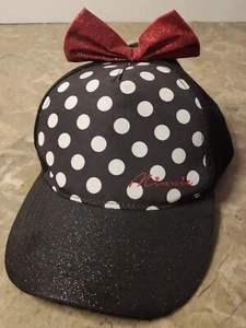 Girls Minnie Mouse Hat Baseball Style Cap Black Glitter Bill Adjustable Red Bow - Picture 1 of 5