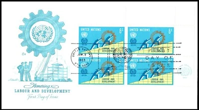 UN199 Labour and Development FDC, Art Master Cachet, PB4, OF, POF, great color. - Image 1 of 4