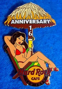 SAN JUAN 16th ANNIVERSARY SEXY RED BIKINI BEACH PARASOL GIRL Hard Rock Cafe PIN - Picture 1 of 1