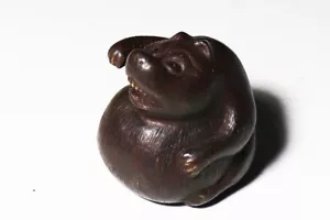 Netsuke Inro Sagemono Edo Ära japanisch antikes Holz geschnitzt Tanuki Waschbär-Hund - Bild 1 von 7