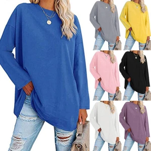 Damen Solid T-Shirt Langarm Casual Sweatshirt Lose Bluse Tops T-Shirt* 〒 - Picture 1 of 20