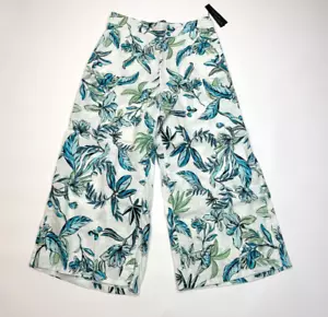 Tahari Floral Wide Leg Crop Linen Pants Women L NWT Elastic waist Pockets Blue - Picture 1 of 12