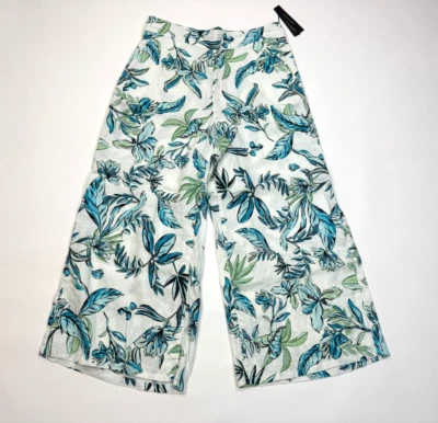 Tahari Floral Wide Leg Crop Linen Pants Women L NWT Elastic waist Pockets Blue - Image 1 of 4