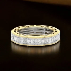Banda de compromiso de corte redondo de diamantes de 1 quilate creada en laboratorio de oro amarillo de 14 k de 4,3 mm - Imagen 1 de 10