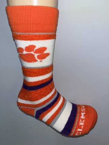 CLEMSON TIGERS NCAA COLLEGE LOGO FUZZY SOFT STRIPE CREW LENGTH SOCKS Q Cover