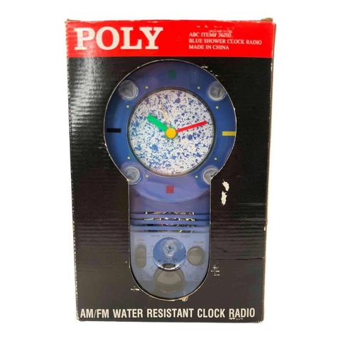 Vtg, New in Open Box Poly Blue Shower AM/FM Clock Radio Model 2288 1990s Retro Cover