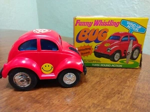 1970's Funny Whistling VW Bug Red Volkswagen Wind-up Toy Car W/Box Tested Video - Picture 1 of 17