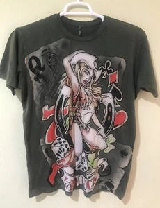 Lady Luck Sexy Blonde Cowgirl Vegas Adult T Shirt Distressed Olive Green Sz M M3 - Picture 1 of 4