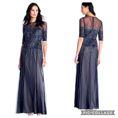 Adrianna Papell Navy Blue Sequins Beaded Sheer Overlay Formal Dress Ball Gown  - Image 1 of 4