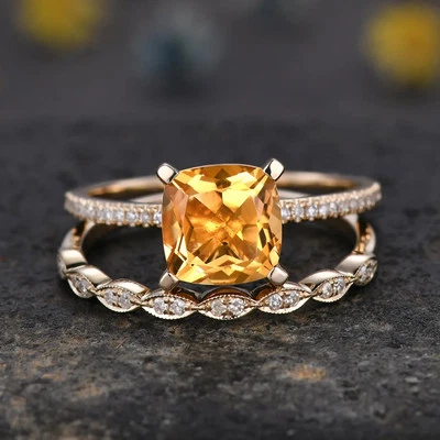 Juego de anillos de compromiso de plata esterlina 925 Art Deco citrino natural corte cojín Foto 1 de 4