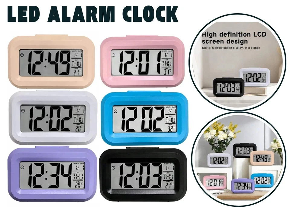 LED Digital Bedside Snooze Alarm Clock Time Temperature Day Night Mode Clock sh. - Image 1 of 1