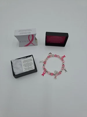 Avon Breast Cancer Crusade Ribbon Charm Bracelet Pink Silvertone Ribbons~Stretch - Image 1 of 4