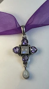 1.75 Inch Amethyst Rainbow Moonstone Sterling Ribbon And SS Box Chain Necklace - Picture 1 of 7