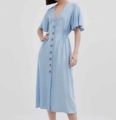 Zara Midi Button UP Dress Lyocell Denim Lightweight V-Neck Baby Blue Small NWT - Image 1 of 4