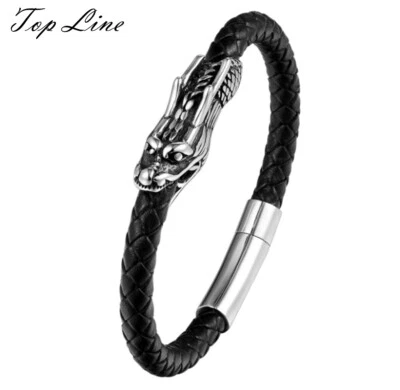 Men Boy Women Silver Dragon Head Black Braided Leather Bracelet Wristband 7-8" - Image 1 of 4