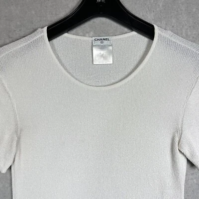 Винтажная футболка с логотипом CHANEL CC размер 44 белый топ с коротким рукавом ребро вязаная длинная Италия - Изображение 1 из 4