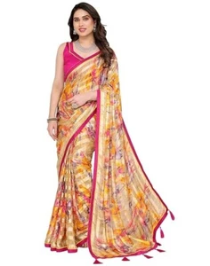 Indian Women's Georgette Satin Saree With Unstitched Blouse Festive Party Wear - Picture 1 of 2