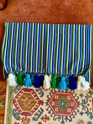 Vintage Bright Blue Colorful Striped Pom Pom Woven Blanket Bed Table Runner - Image 1 of 4